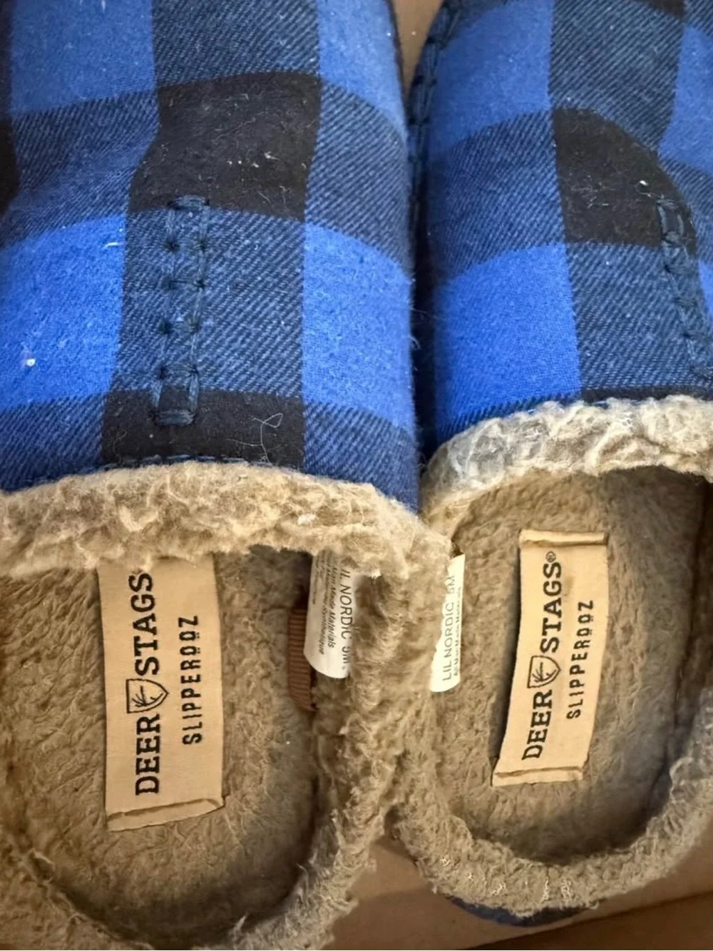 Deer Stags Kids Blue and Black Buffalo Plaid Slip-On Slippers